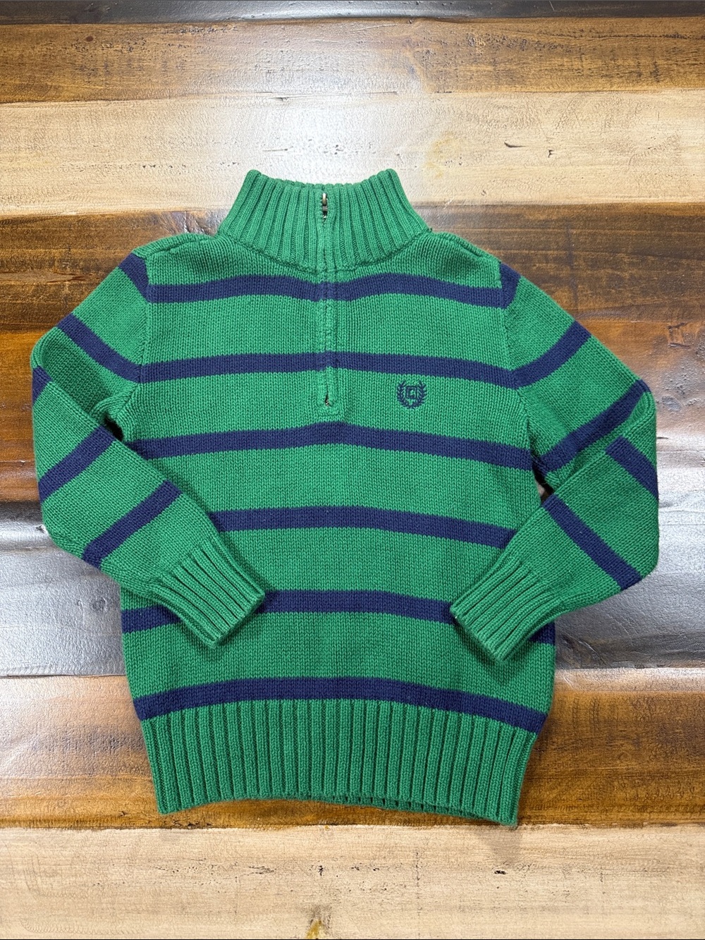Chaps Green and Navy Striped Half-Zip Sweater